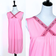 1960s Sheer Pink Nightgown Short Babydoll Summer Floral Lace Trim Size Small 