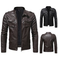 Men's PU Leather Jacket Fit Stand-Up Collar Autumn Winter Outerwear Coat