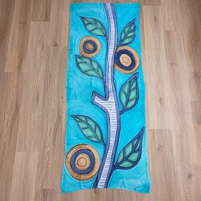 Hand Painted Scarf  Abstract Tree & Leaf Design In Aqua & Gold Tones 27''x68''