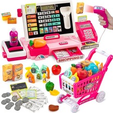 Kids Cash Register Toy with Shopping Cart Toddler Pretend Play Store Cashier ...