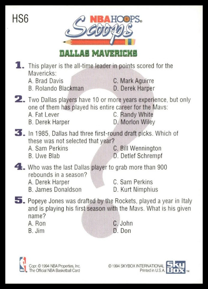 Derek Harper  Scoops Insert 1993-94 NBA Hoops #HS6 Dallas Mavericks - Image 2 of 2