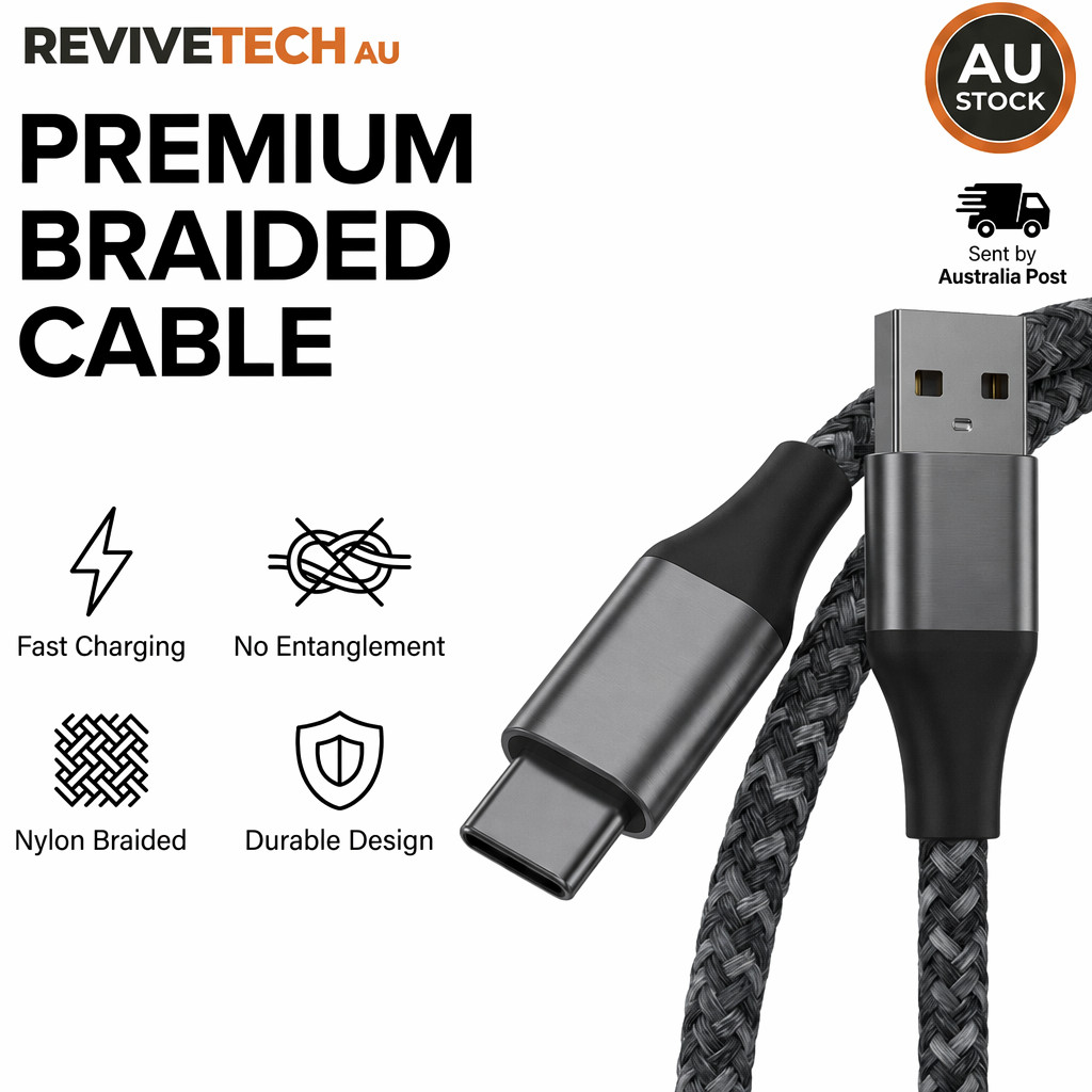 USB-A to USB-C Braided Nylon Cable 2m Space Grey Charger iPhone Samsung iPad AU