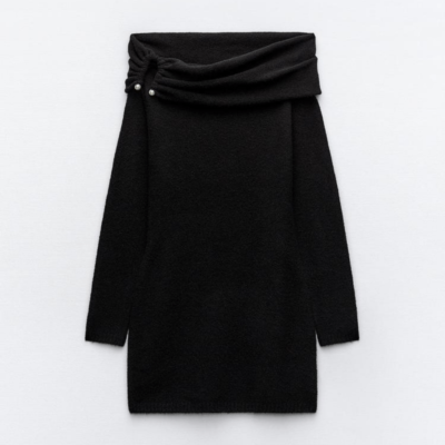 NWT ZARA Knit Mini Knit Pearl dress Black off the Shoulder Size S | eBay
