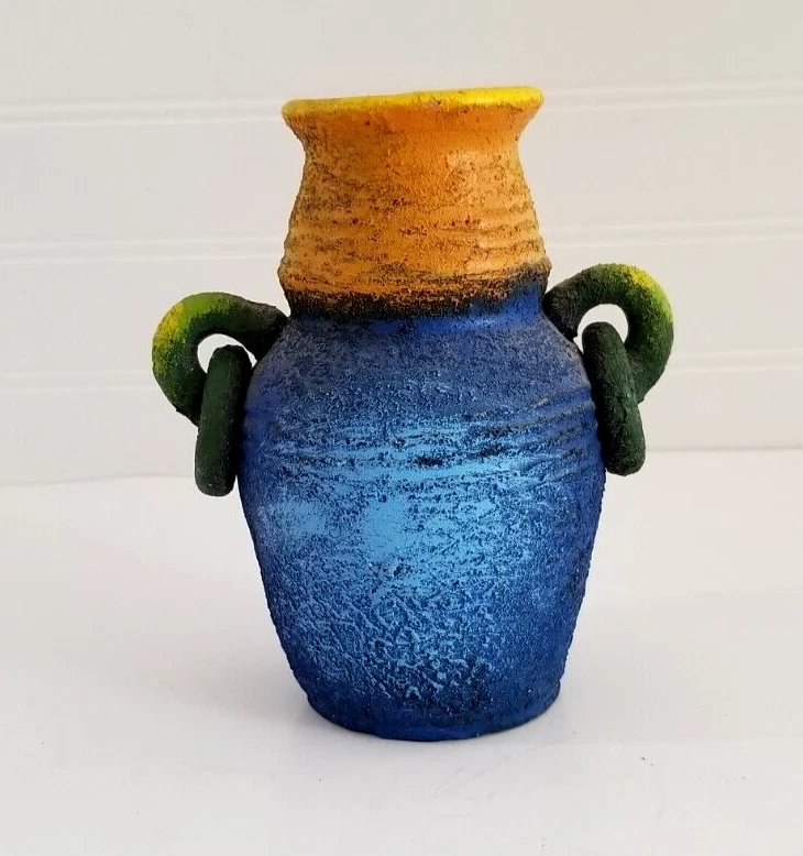 Rustic Accent Vase Urn Rings 2 Handles Pottery Painted Blue Green Yellow 6" - Image 2 of 4