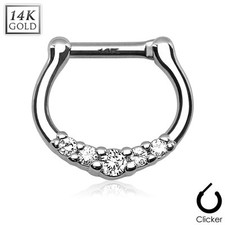 16g 14K Solid White Gold Clear CZ Gems Septum Clicker Nose Ring Piercing