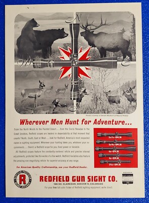 1964 REDFIELD GUN CO. RIFLE SCOPE PRINT AD ''WHEREVER MEN HUNT FOR ADVENTURE''
