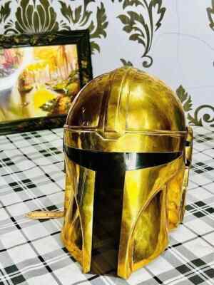 Starwar's Mandalorian Helmet Anti Rust Brass Antique Cosplay Prop Movie Helmet