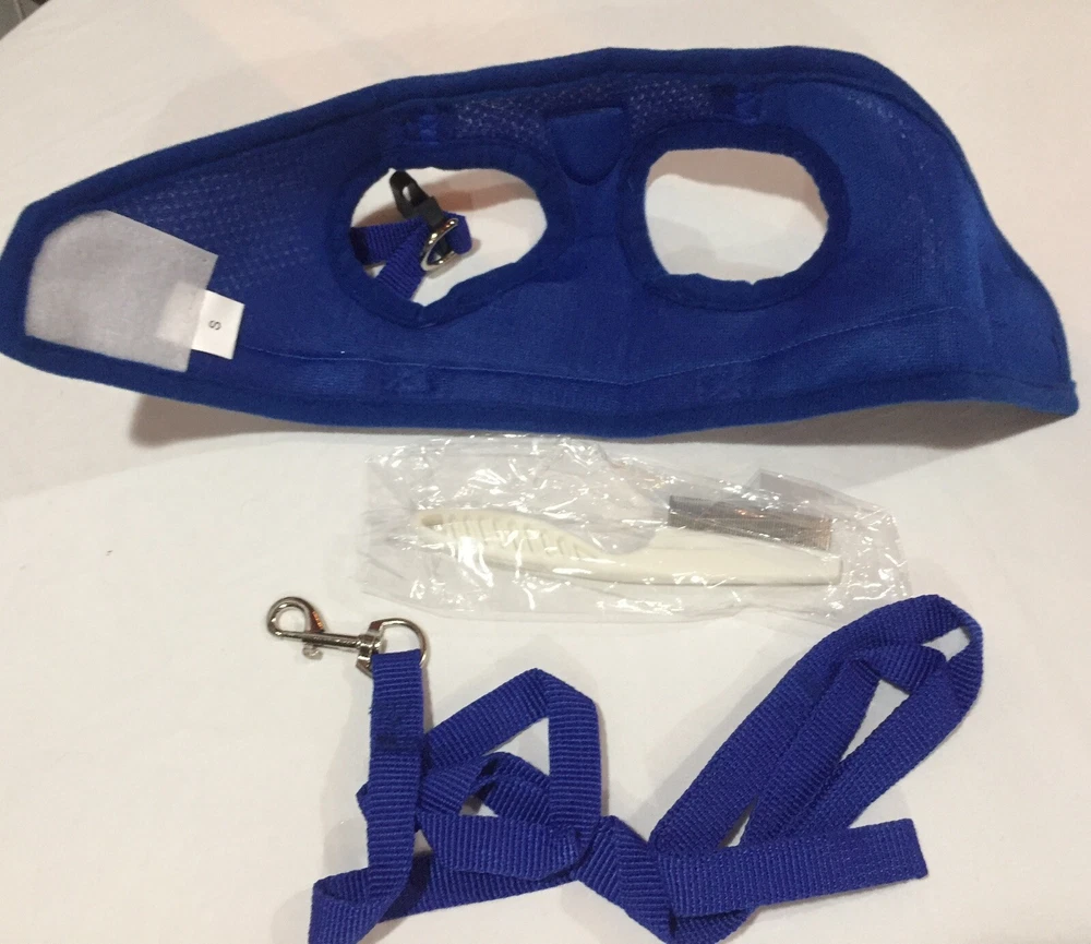 Dog Harness & Leash With Hair Comb Blue Reflective Band Size Small