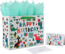 13" Large White Gift Bag Set with Greeting Card and Tissue Paper Green Dinosaur