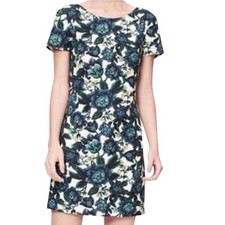 Ann Taylor Loft Blue Floral Shea Dress Linen Blend Sz 16 Cap Sleeve V-Back