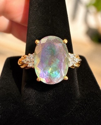 Vintage 10K Gold Mystic Topas Diamant Akzent Ring Oval Regenbogen Statement Größe 7