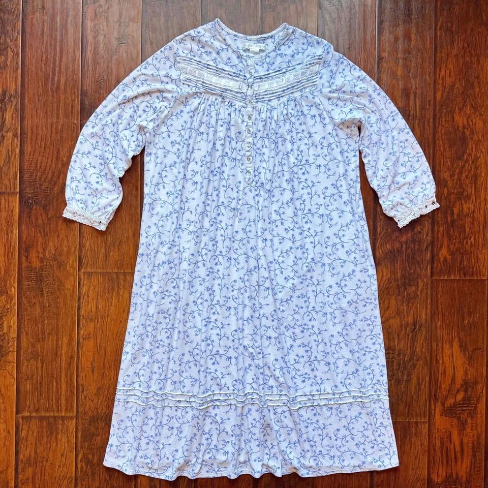 Eileen West 蓝色花卉抓绒睡衣 XL 舒适保暖柔软长袖睡衣 — 第 2/4 张图片