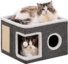 Large Cat House For Indoor Cats With Fluffy Ball And Scratch Pad Pet Furniture