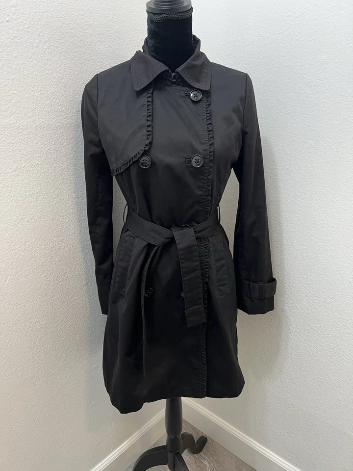 H&M Black Belted Trench Coat Women’s Size 6 Button Closure - Image 2 of 4