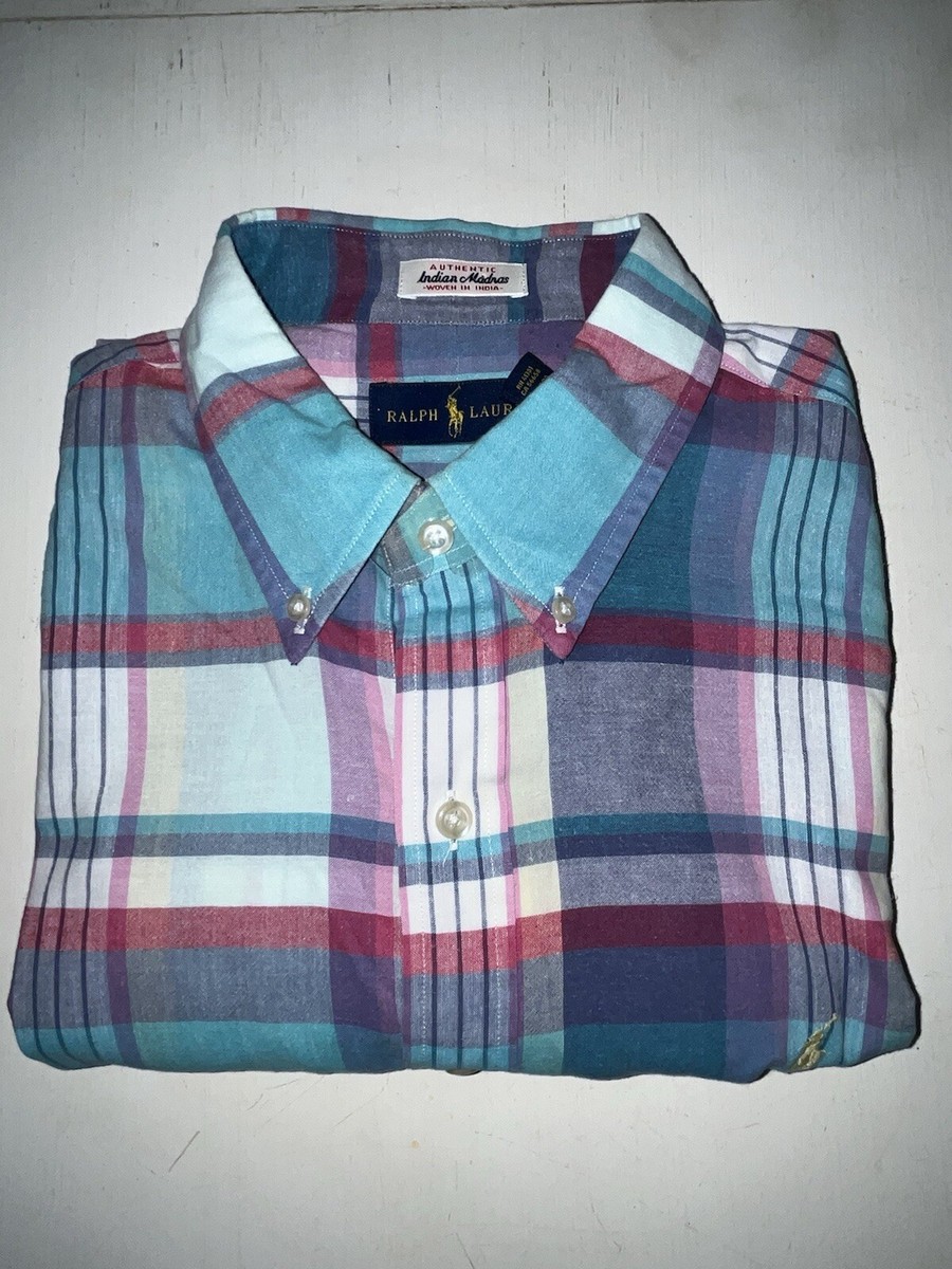 Polo Ralph Lauren Shirt Mens L Indian Madras Blue Plaid