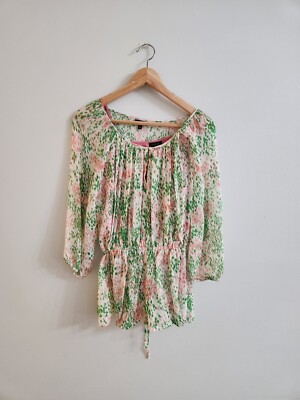 NWOT Talbots Silk White Sheer Pink Green 3/4 Sleeve Smocked