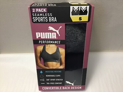 Puma 2 Pack Seamless Sports Bras (S) Grey/Black Convertible Back Open Box. (K2)