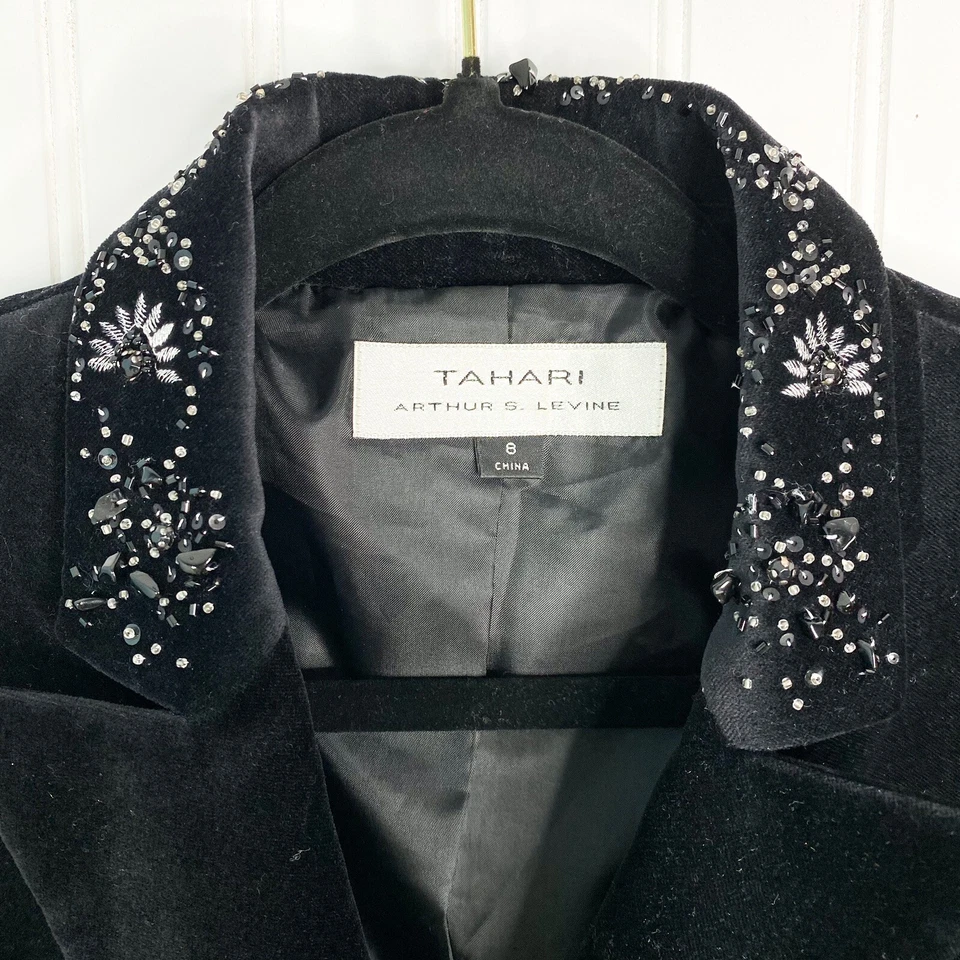 Blazer Tahari Arthur S Levine ASL Talla 8 Negro Terciopelo Cuello Cuentas Mujer Foto 2 de 3