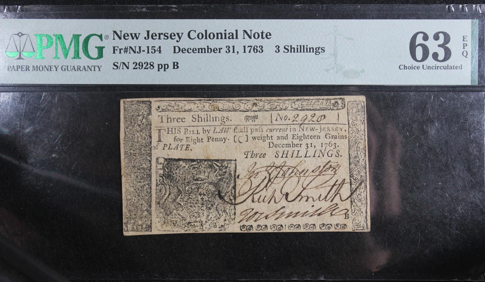 1763 CU63 New Jersey Colonial Note 3 Shillings, PMG, SN 2928 - Image 3 of 4