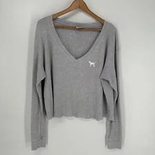 Victorias Secret Shirt Womens Large Gray Acid Wash Cropped Thermal Top Knit