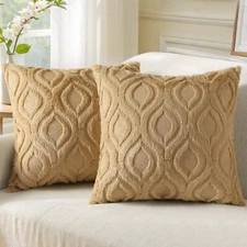 Throw Pillow Covers 18x18 Inch Set of 2, Soft Plush Faux Wool Khaki Couch