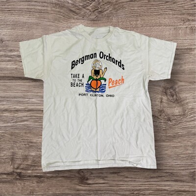 Vintage Bergman Orchards Peach Beach T-Shirt Port Clinton Ohio White Size XL