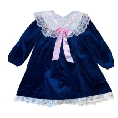 Rose Cottage Blue Velvet Lace Collar Dress Sz 5 Vintage | eBay