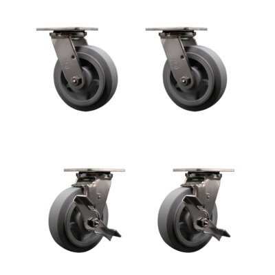 6 Inch 316SS Thermo Flat Tread Swivel Caster Set with Delrin Bearings 2 Brakes