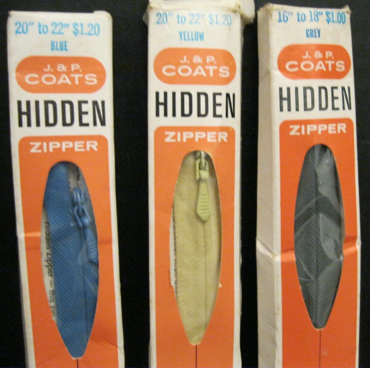LOT OF VINTAGE J & P COATS HIDDEN ZIPPERS YELLOW BLUE & GRAY + 2