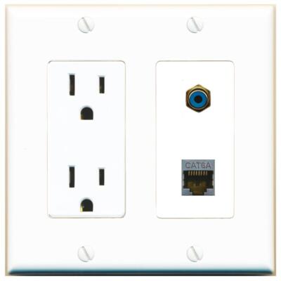 RiteAV Power Outlet and CAT6A RCA-BLUE Wall Plate Decorative [White]