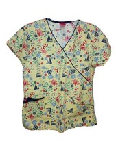 Dickies Scrub Top Womens Small Nautical Ships Wheel Sailboat Yellow