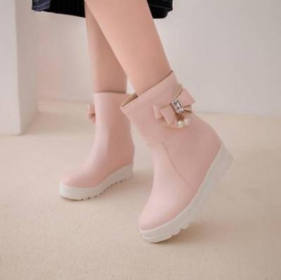 Women's Round Toe Bowknot Zipper Girls Lolita Hidden 2cm Heels Shoes Ankle Boots