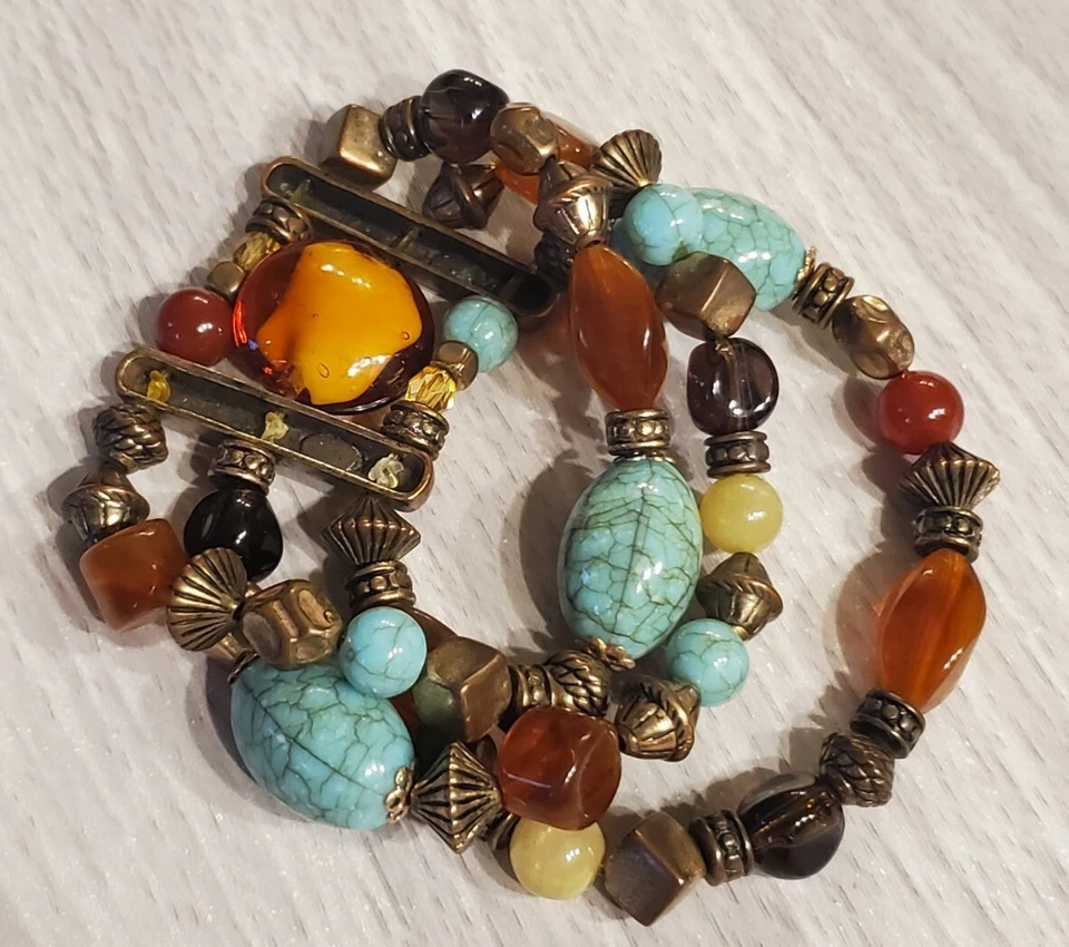 PREMIER DESIGNS Vintage Look Faux Turquoise Bronze Tone, Glass Beaded Bracelet B - Image 4 of 4