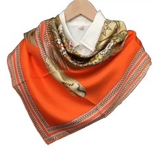 35"x35"Orange Saddle Print Pure Mulberry Twill Silk 14momme Scarf 88x88cm 4-143