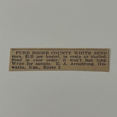 Pure Boone County White Seed Corn E.A. Armstrong Hiawatha KS 1911 Ad SAG9-S10