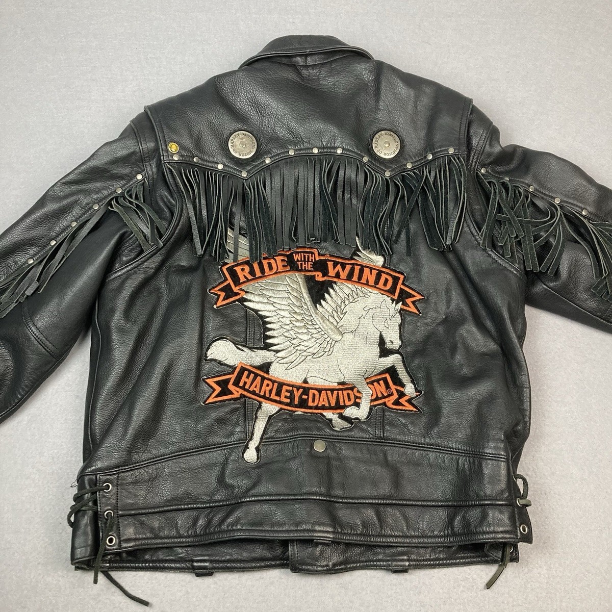 Harley Davidson Border Hawk Jacket Sz L Men Black Frills Fringe