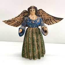 Vtg Hand Carved Mexican Folk Art Wood Guardian Angel Painted Primitive farmhouse