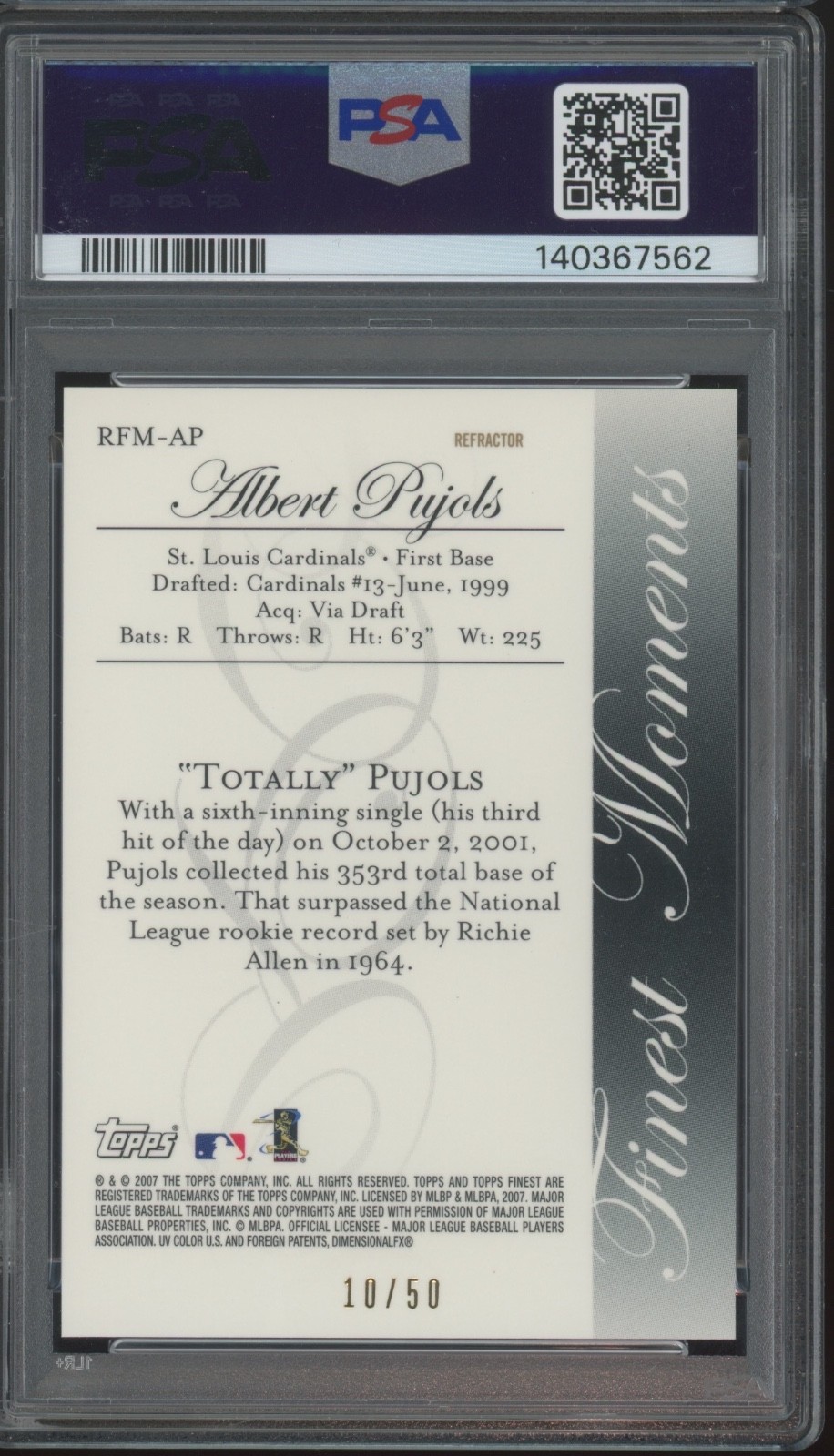 2007 Topps Finest Moments Gold Refractor #RFMAP Albert Pujols 10/50 PSA 10 view 2