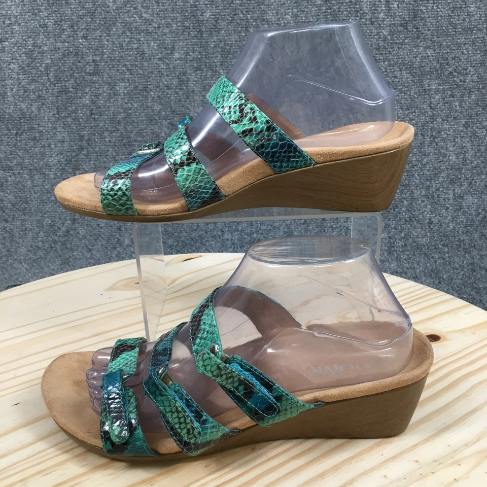 Vionic Sandals Womens 9 Dwyn Snake Print Slip On Wedge Slide Green Faux Leather - Image 2 of 4