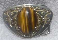 Brown Stone Vertical Bars Effect In Gold Engraved Triangle Shape Buckle Great