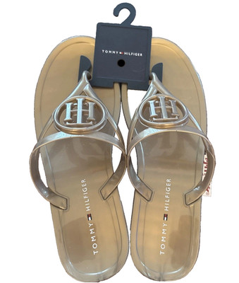 New Tommy Hilfiger Vedna Sandals Gold Jelly Thong Cutout Logo Flip Flops