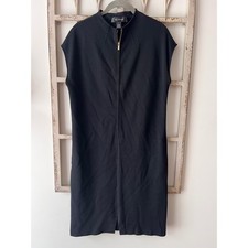 St. John Black Wool Blend Mock Neck Front Zip Shift Dress Size 8 Gold Hardware
