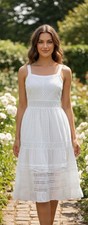 Skies Are Blue - White Eyelet Tiered Cotton Midi Sundress - S