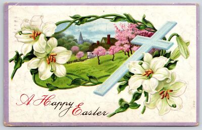 1911 Happy Easter Greetings Card Greenfield Lying Cross White Flowers, Postcard