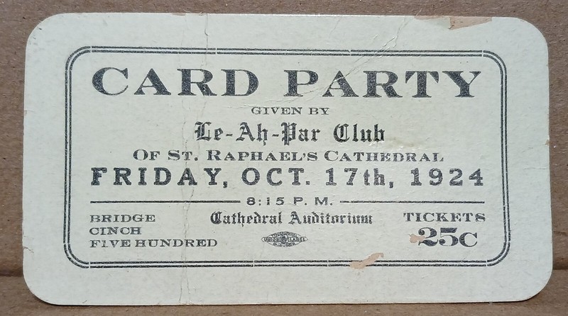 Dubuque Iowa 1924 St Raphaels Cathedral Ticket Bridge Card Party church VTG RARE