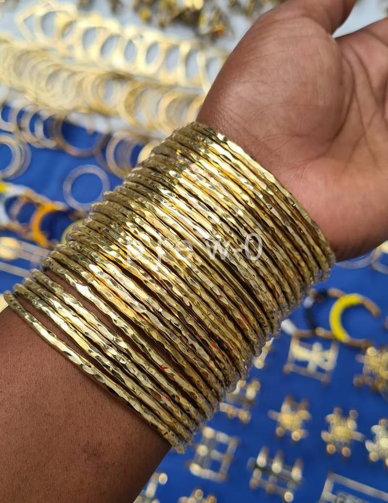 African Brass Bracelet, Set of 10 Hammered Stacking Brass Bangles