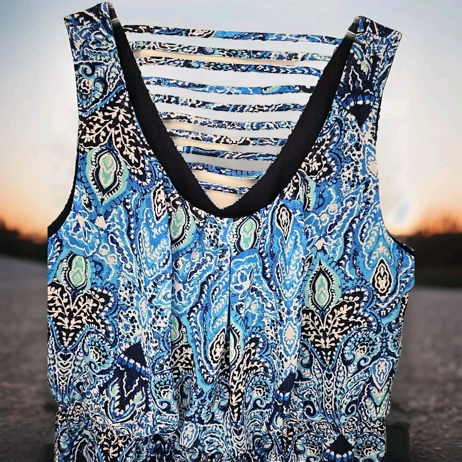 Abito donna ALYX blu foderato paisley floreale sole cinturino schiena elastico in vita tg 12
