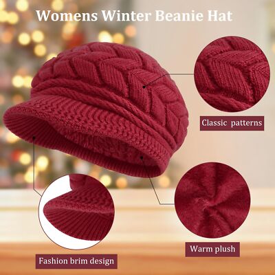 ?Women’s Wine Winter Warm Knit Wool Snow Ski Hat with Visor Women Winter Warm Knit Hat Wool Snow Ski Caps With Visor  main image 3
