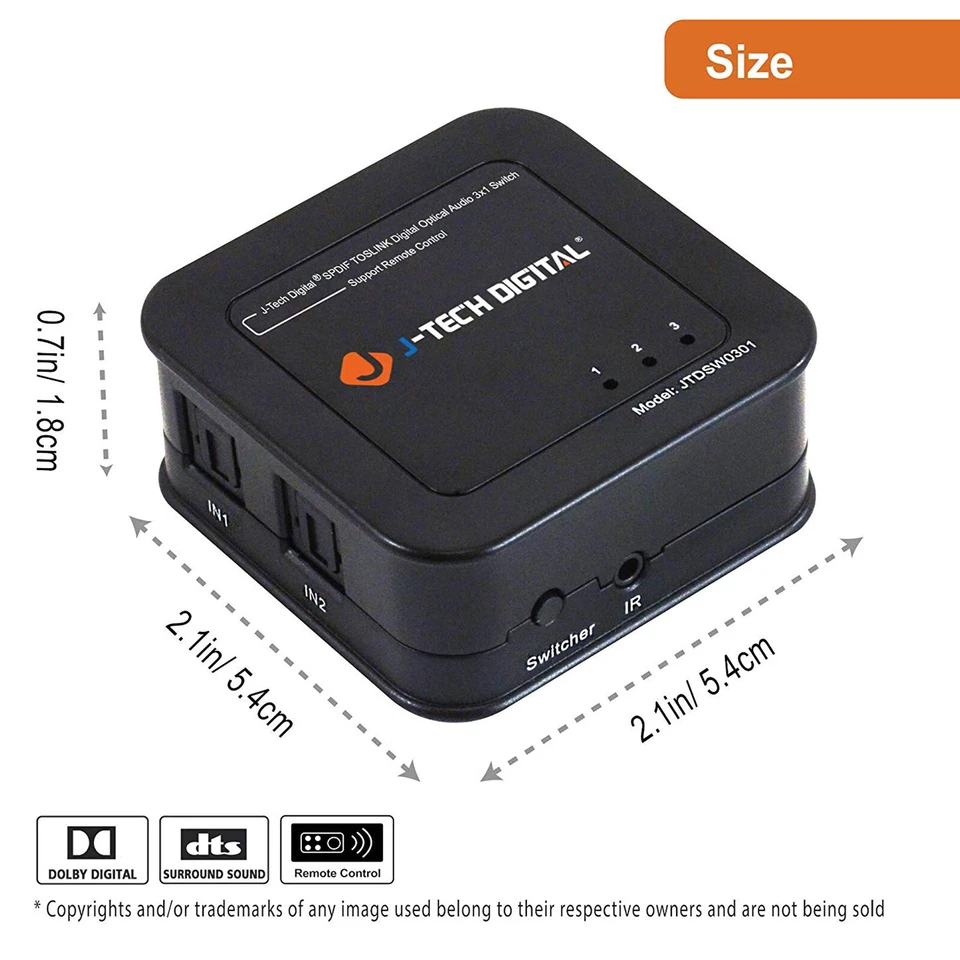 J-Tech Digital SPDIF TOSLINK Digital Optical Audio 3x1 Switch W/ Gift 3 ft Cable - Image 2 of 4
