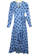 Cooper St Women's Size Small Blue Polka Dot Ruffled Long Sleeve Retro Wrap Dress